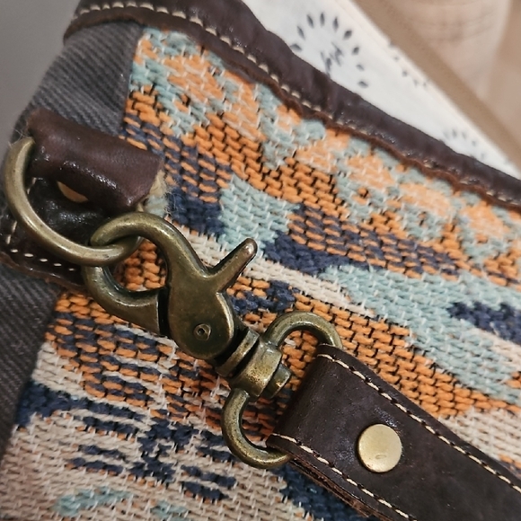 Myra Bag Brown Cream & Blue Aztec Print/ Calf Hair/ Cow Print Crossbody Bag - Picture 6 of 8